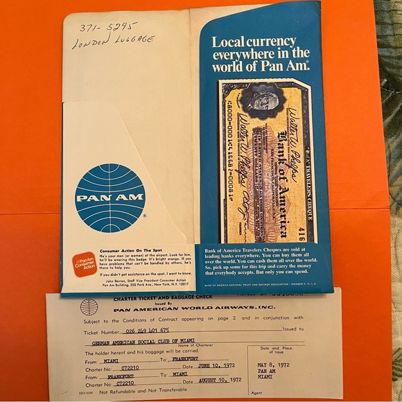 Pan American World Airways 1972 Ticket & Menu Charter Flight Miami to Frankfurt - Picture 3 of 7